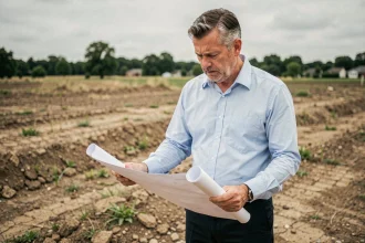 Homme examinant un plan de construction sur un terrain à bâtir vide avant achat