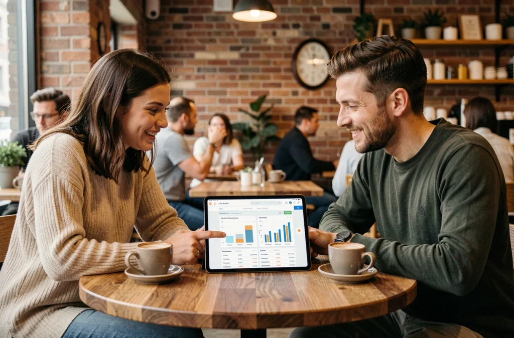 Deux amis analysant ensemble leurs dépenses sur une tablette dans un café