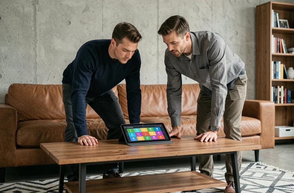 Deux amis consultant les classements de clubs sur Monopoly GO sur une tablette dans un salon moderne