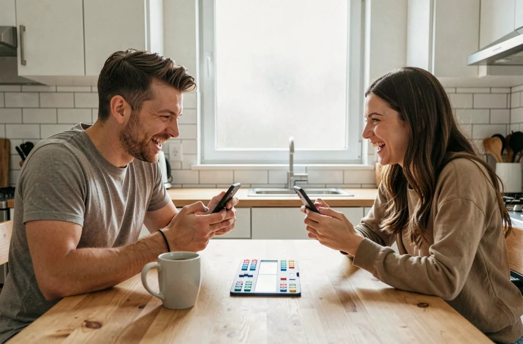 Deux amis jouant ensemble à Monopoly GO sur leurs smartphones autour d'une table de cuisine moderne