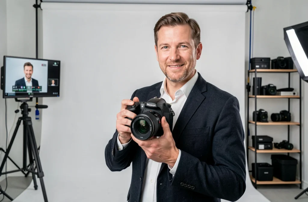 Arnaud Dauphin photographe professionnel de la Loire posant avec son appareil dans un studio moderne