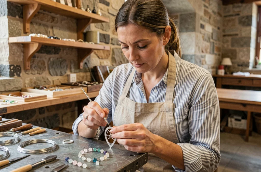 Artisane de L'Art du Bijou soudant un pendentif en argent dans son atelier de création