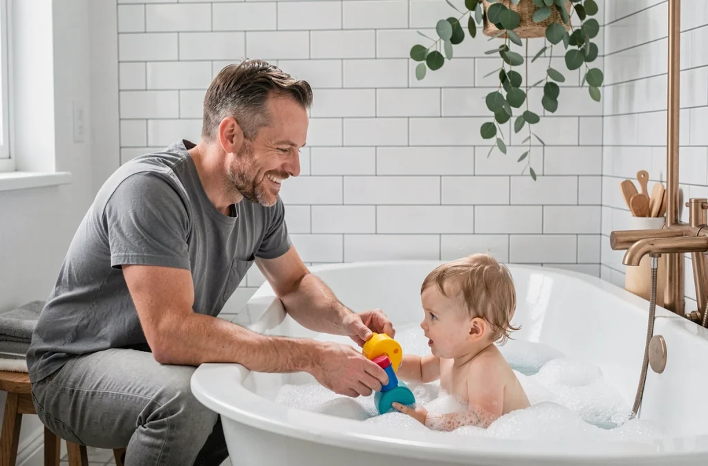 Père donnant le bain à son enfant dans une salle de bain scandinave dans le cadre de la routine du soir