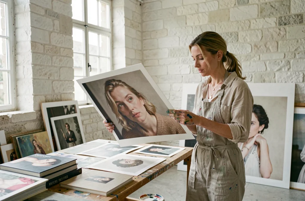 Photographe artiste Bettina Dupont dans son atelier de la Loire examinant un tirage de portrait en grand format