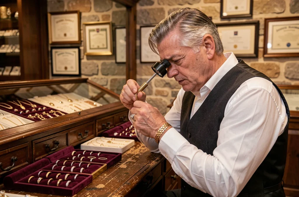 Joaillier de la Bijouterie Thomas H Grenoble examinant un bracelet en or avec une loupe