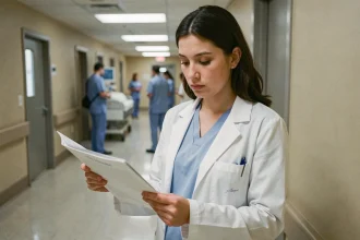 Médecin femme en blouse blanche dans un couloir d'hôpital tenant un dossier médical, regard pensif évoquant un départ émotionnel