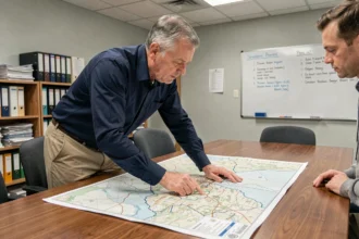 Technicien territorial examinant la carte des périmètres de la communauté de communes CCPVM sur une table de réunion municipale