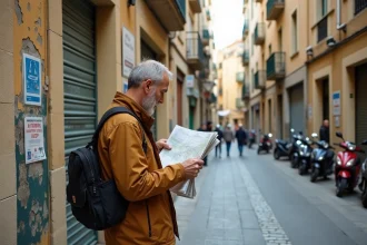 Homme consultant une carte dans un quartier ancien de Marseille aux façades usées et ruelles pavées