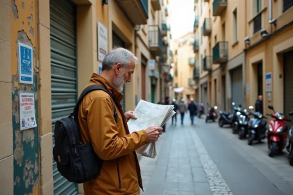 Homme consultant une carte dans un quartier ancien de Marseille aux façades usées et ruelles pavées