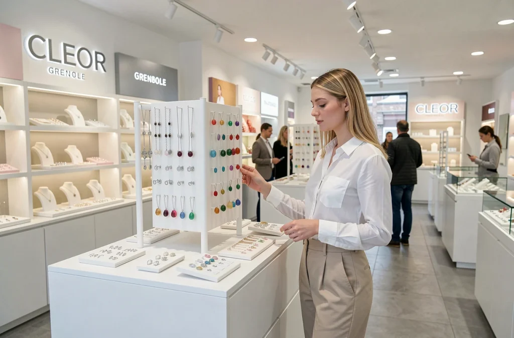Cliente parcourant les présentoirs de bijoux argentés et colorés dans la boutique CLEOR de Grenoble