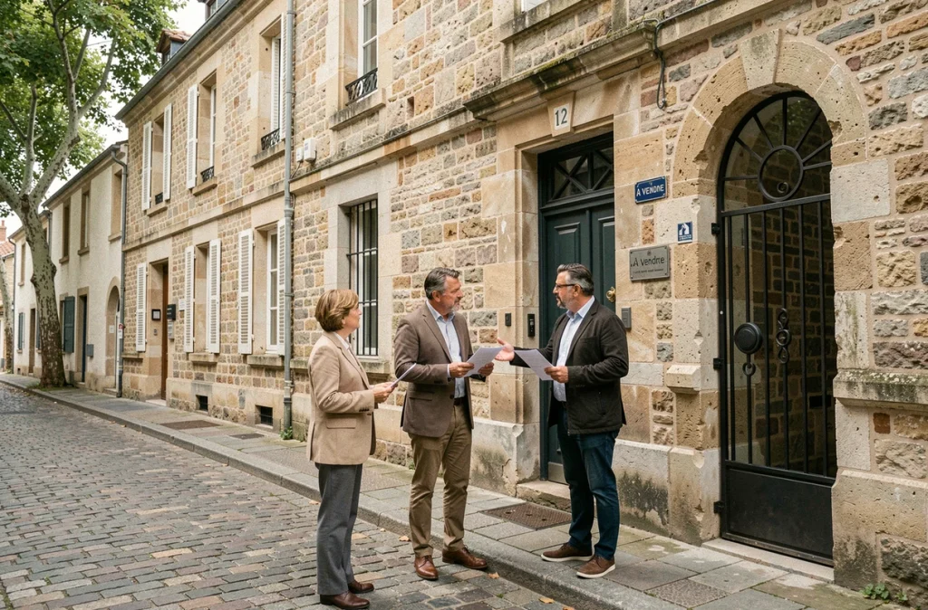 Trois co-indivisaires discutent devant une maison en pierre à vendre, tenant des documents lors d'une visite du bien immobilier