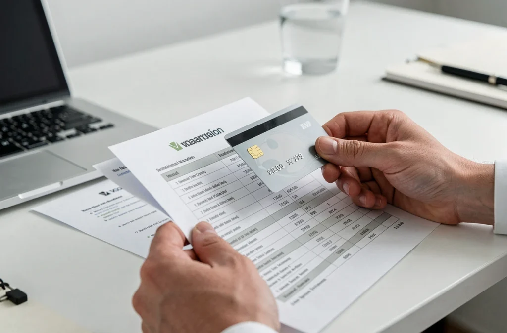 Gros plan de mains tenant une carte bancaire et un relevé financier imprimé, illustrant la comparaison des frais bancaires entre banques en ligne
