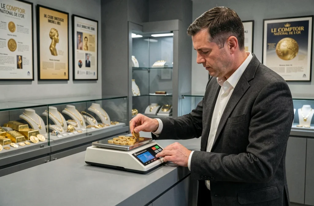 Conseiller du Comptoir National de l'Or Grenoble pesant des pièces en or sur une balance de précision