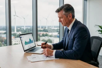 Conseiller financier analysant des documents d'investissement dans la transition énergétique dans un bureau moderne avec des éoliennes visibles en arrière-plan