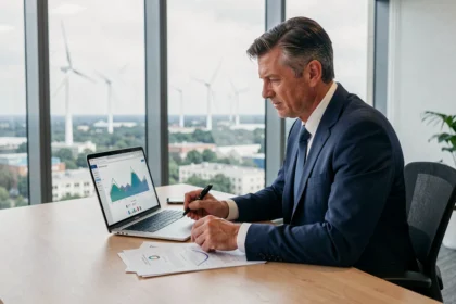 Conseiller financier analysant des documents d'investissement dans la transition énergétique dans un bureau moderne avec des éoliennes visibles en arrière-plan