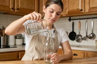 Femme versant 600 ml de liquide dans une bouteille d'un litre sur un plan de travail en bois, illustrant la conversion ml en litres