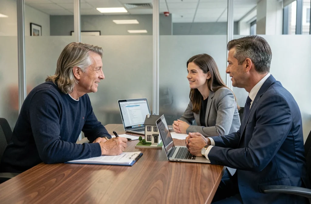 Couple en rendez-vous avec un conseiller bancaire pour un prêt immobilier