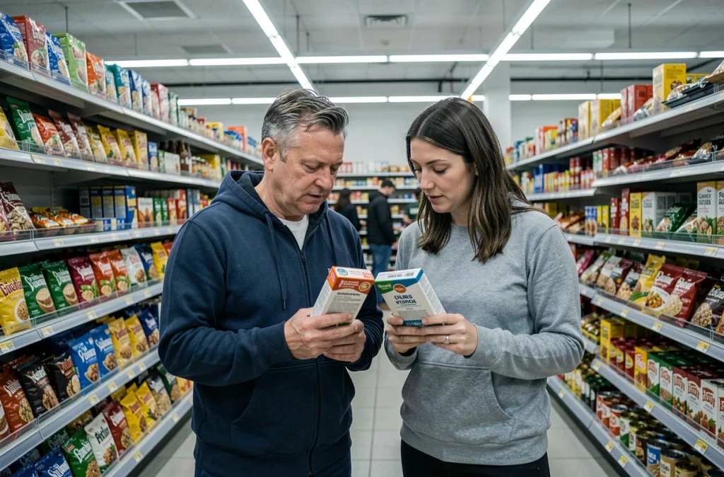 Couple comparant des produits dans un supermarché pour optimiser les dépenses alimentaires du foyer