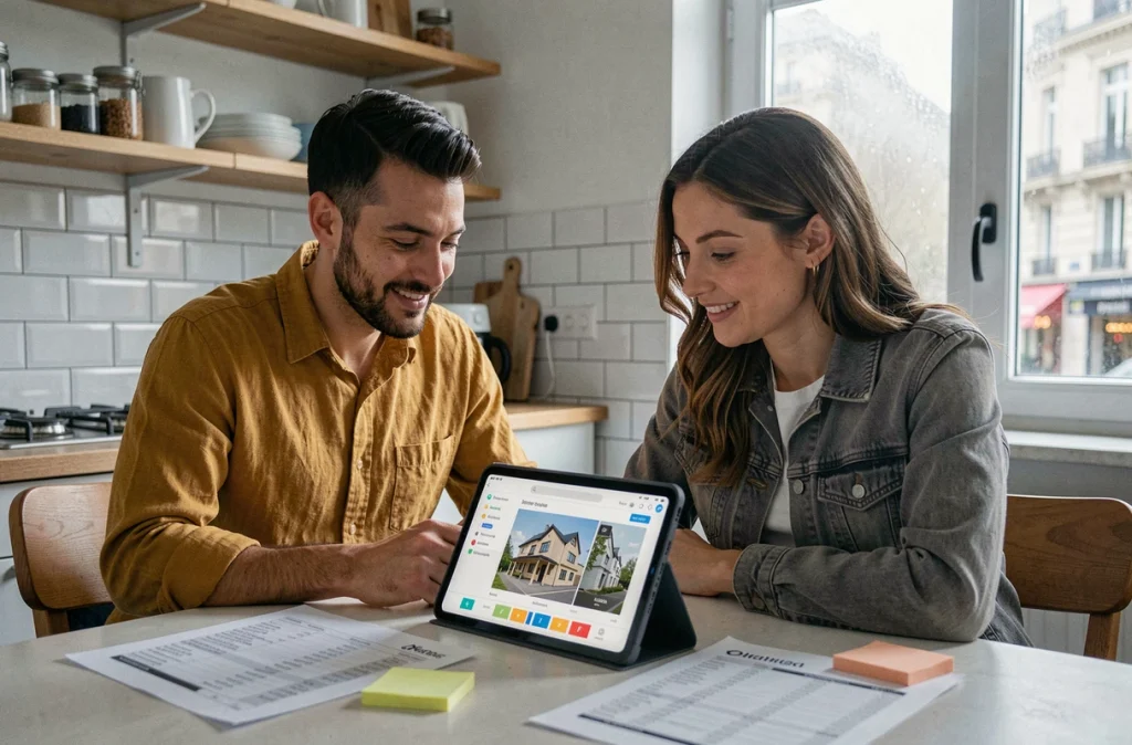 Jeune couple d'épargnants urbains étudiant une simulation d'investissement locatif sur une tablette dans leur appartement parisien