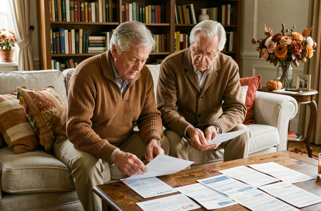 Couple de retraités examinant leurs relevés de livret A dans leur salon, face à la baisse du taux de rémunération