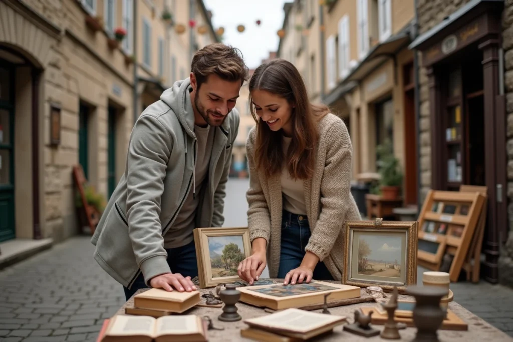 Couple découvrant un tableau ancien sur un étal de vide-grenier dans une rue pavée de l'Yonne
