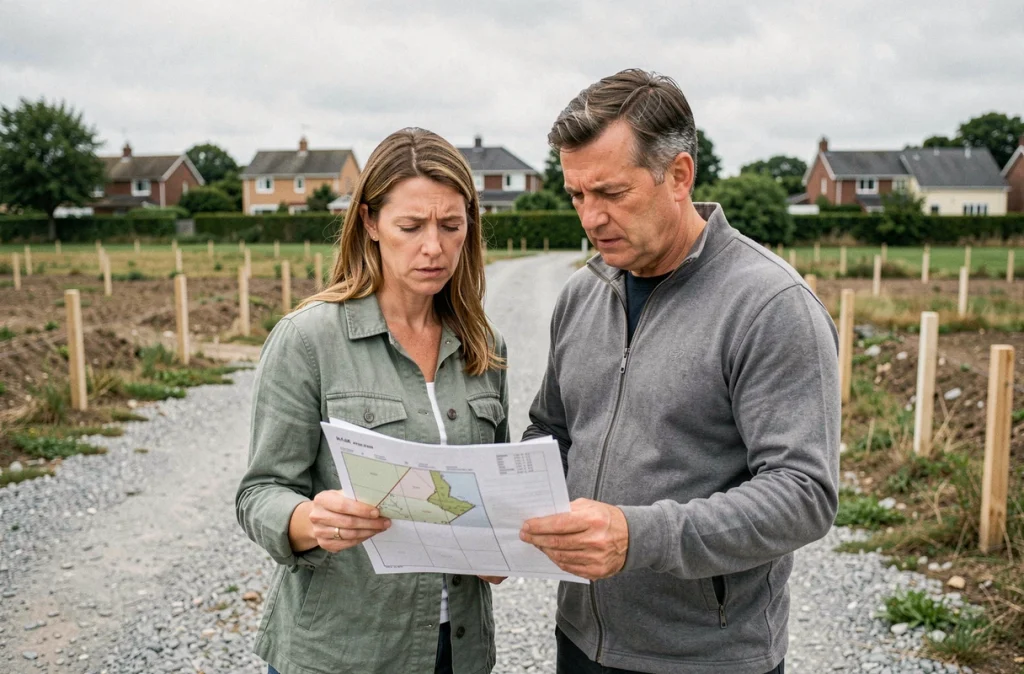 Couple consultant des documents cadastraux sur une parcelle à bâtir en zone périurbaine
