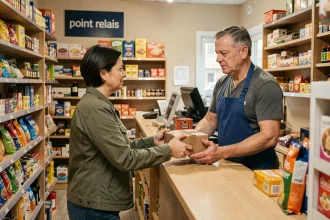 Cliente déposant un colis dans un point relais près de la place de la Victoire à Bordeaux