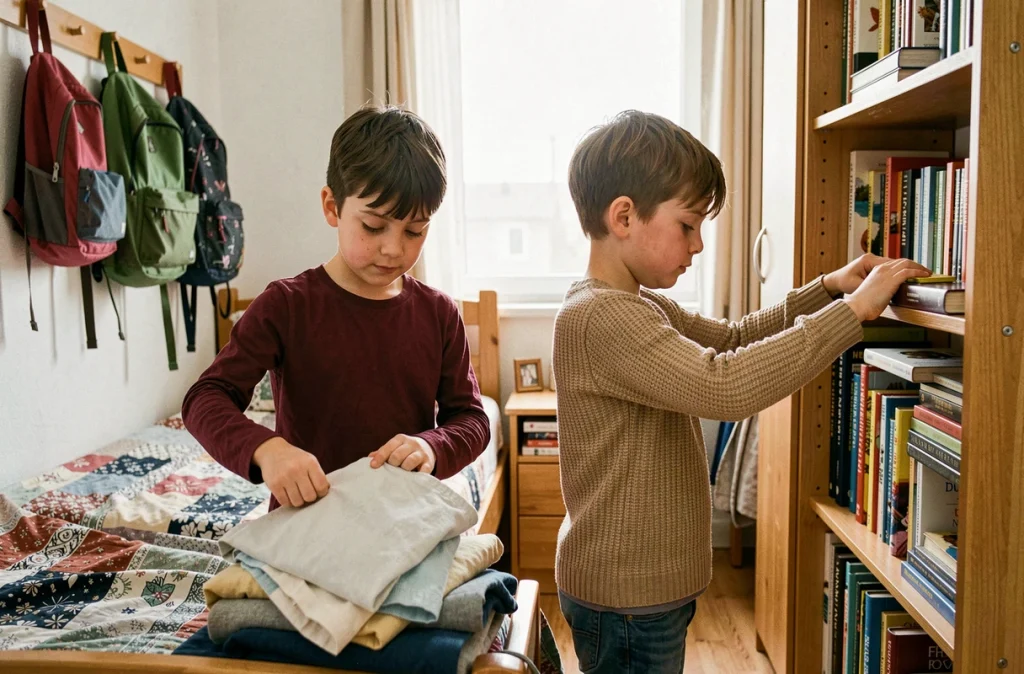 Deux frères rangeant ensemble leur chambre partagée, illustration de règles de cohabitation fraternelle au quotidien