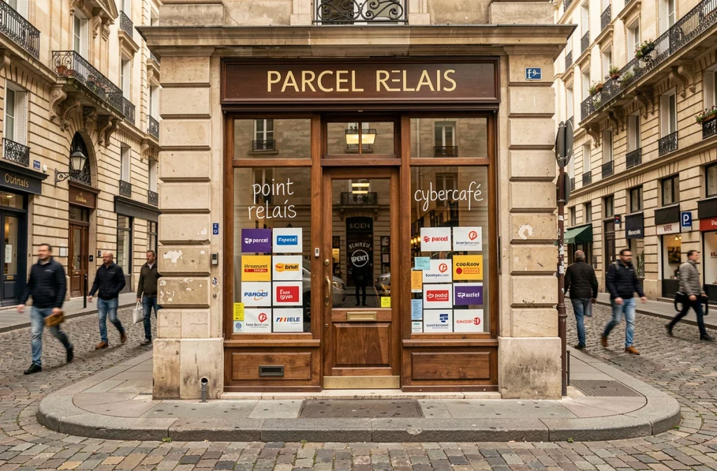 Devanture d'un point relais et cybercafé dans une rue proche de la place de la Victoire à Bordeaux