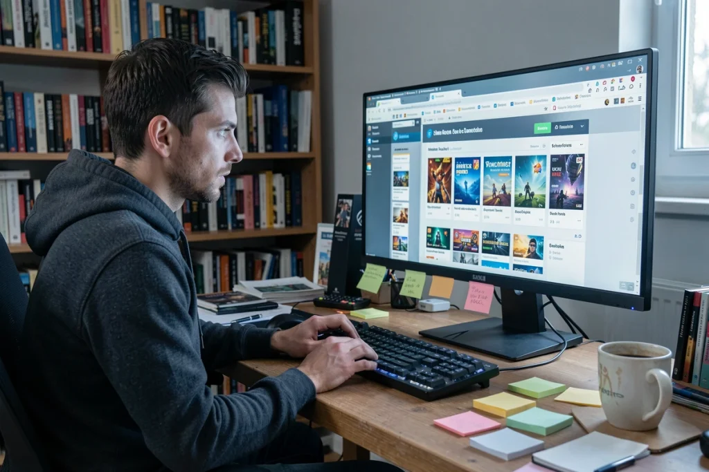 Développeur de jeux vidéo travaillant sur des jeux en ligne avec domaines .io dans un bureau moderne