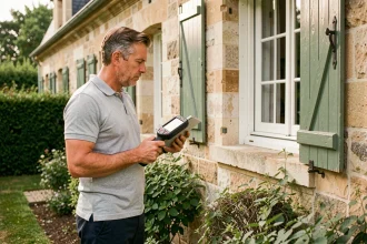 Diagnostiqueur énergétique inspectant la façade d'une maison en pierre lors d'un audit immobilier