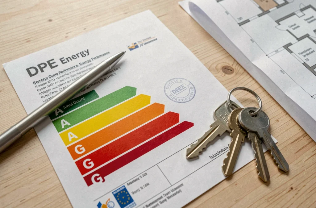 Document de diagnostic de performance énergétique DPE posé sur une table avec des clés de maison