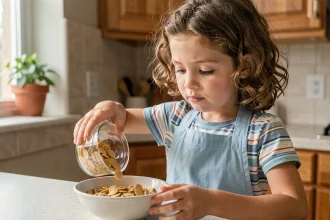 Petite fille préparant son petit-déjeuner seule dans la cuisine, développant son autonomie au quotidien