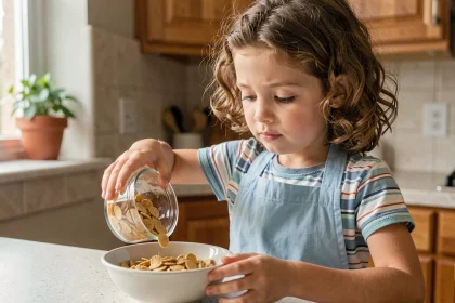 Petite fille préparant son petit-déjeuner seule dans la cuisine, développant son autonomie au quotidien