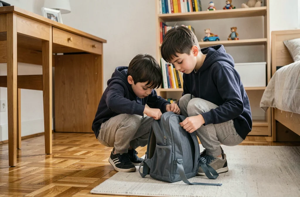 Garçon qui range son cartable seul dans sa chambre, illustration de l'autonomie scolaire des enfants