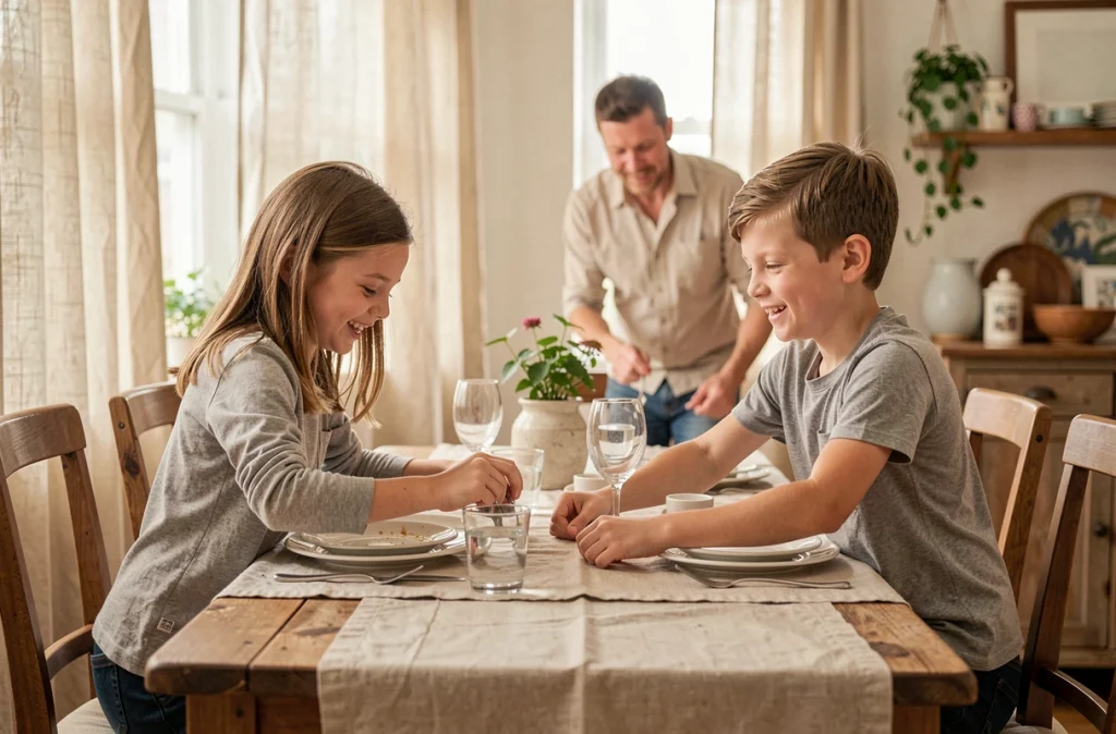 Deux enfants mettant la table ensemble à la maison, favorisant l'autonomie et la responsabilisation au quotidien