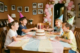 Groupe d'enfants joyeux autour d'un gâteau d'anniversaire fait maison lors d'une fête à la maison