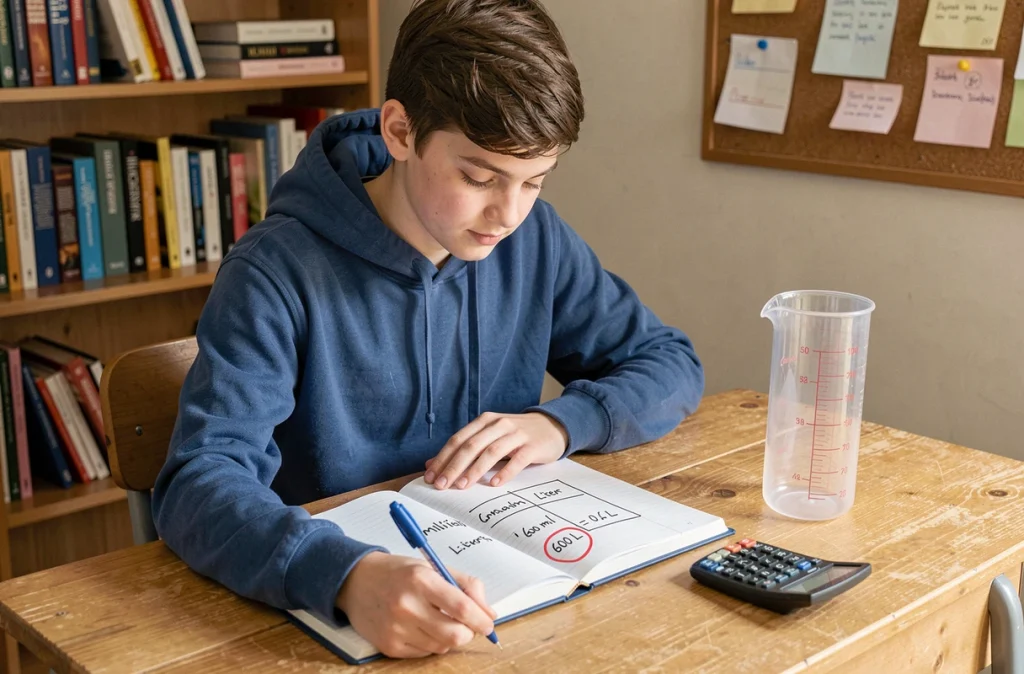 Étudiant assis à son bureau scolaire avec un cahier montrant un tableau de conversion millilitres en litres, incluant l'exemple 600 ml égale 0,6 litre