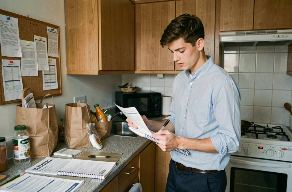 Étudiant comparant des annonces de location dans une petite cuisine d'appartement meublé lors de sa recherche de logement