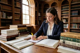 Étudiante en droit analysant un commentaire d'arrêt dans une bibliothèque juridique universitaire entourée de codes et de décisions de jurisprudence