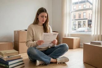 Jeune étudiante lisant son contrat de location assise sur le sol d'un appartement vide entouré de cartons de déménagement