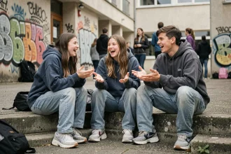 Groupe de trois adolescents en conversation animée devant un lycée urbain, illustrant les nouvelles expressions du langage jeune en 2026