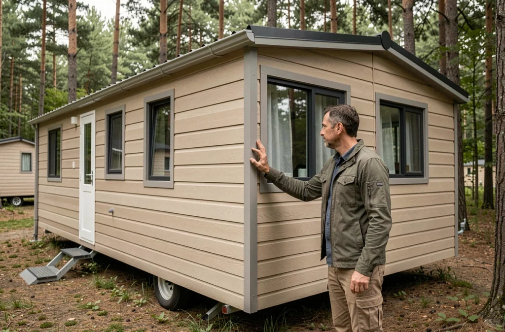 Homme inspectant les finitions extérieures d'un mobil-home moderne dans un cadre naturel, mettant en valeur la qualité de construction et le bardage composite