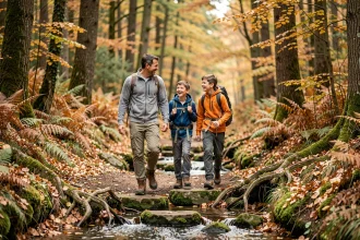 Famille en randonnée dans une forêt automnale traversant un ruisseau sur des pierres
