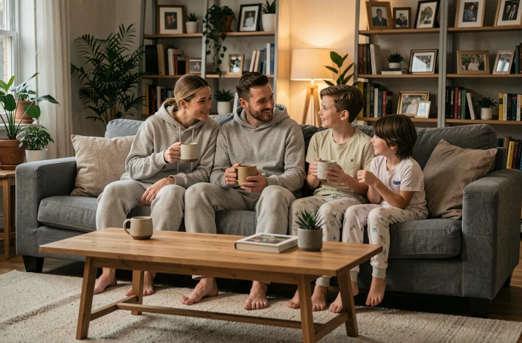 Famille réunie sur le canapé en soirée autour d'une tisane dans le cadre d'une routine du soir apaisante