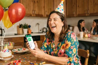 Femme d'anniversaire qui rit en regardant un message humoristique sur WhatsApp entourée de ballons et de confettis