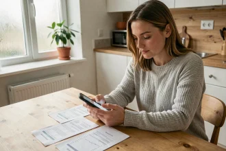 Femme utilisant une application mobile de suivi des dépenses personnelles dans une cuisine moderne