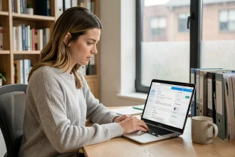 Femme analysant une interface d'archivage numérique sur son ordinateur portable dans un bureau à domicile moderne