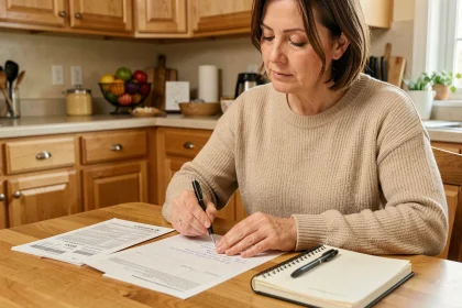 Femme organisant son budget familial avec des reçus et un carnet de notes sur une table en bois dans une cuisine familiale