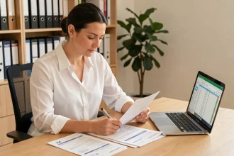 Femme consultant un dossier de prêt immobilier à son bureau à domicile
